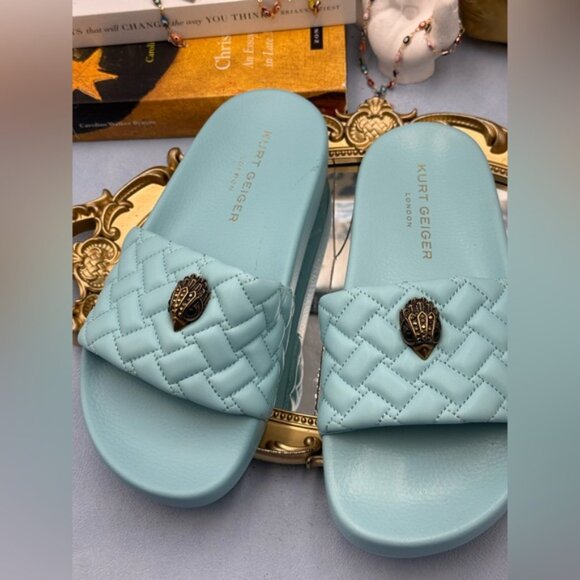 🆕 KURT GEIGER LONDON 🧿 NWOB Meena Eagle Quilted Slides, Blue - Sz EU 37 US 7 - Picture 11 of 14